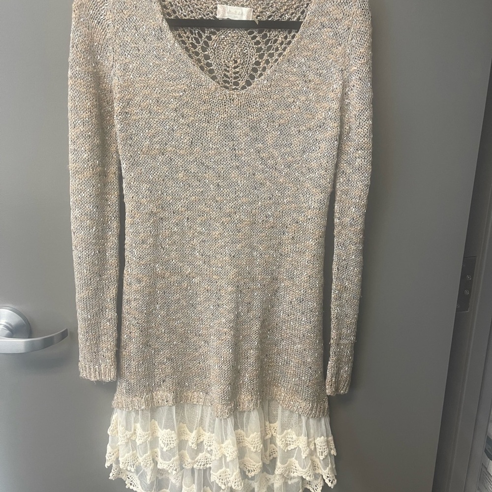 Altar'd State Beige Knit sweater with Lace Detail